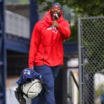 New England Patriots linebacker Matthew Judon arrives during training camp on the Gillette Stadium practice field.