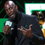 Boston Celtics Kevin Garnett during a ceremony retiring Garnett’s number after their loss to the Dallas Mavericks 95-92 during NBA action at TD Garden.