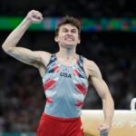 Stephen Nedoroscik, of United States, reacts after the pommel horse.