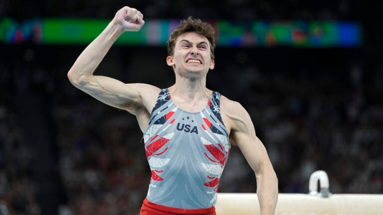 Stephen Nedoroscik, of United States, reacts after the pommel horse.