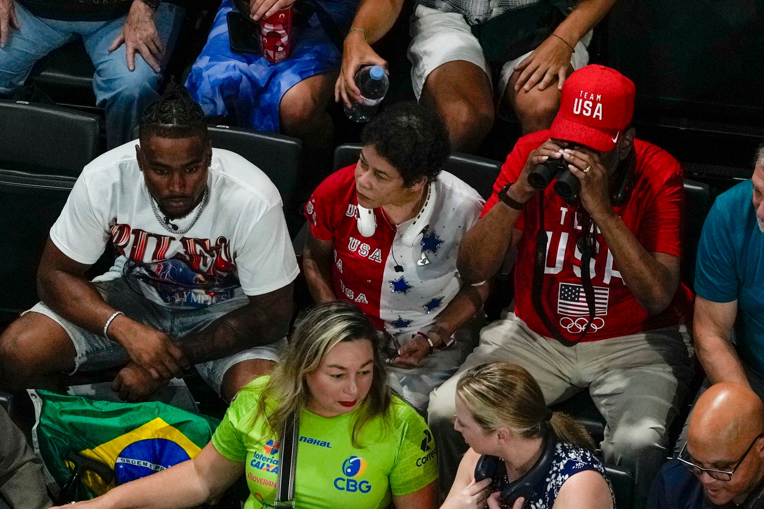 Simone Biles, of United States, husband Jonathon Owens along with her mother and farher Ron and Nellie Biles.