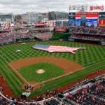 A U.S. flag, in the shape of the country, in the outfield.