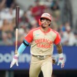 Jarren Duran of the Red Sox flips his bat after hitting a two-run home run in the fifth inning of the MLB All-Star Game in Arlington, Texas.