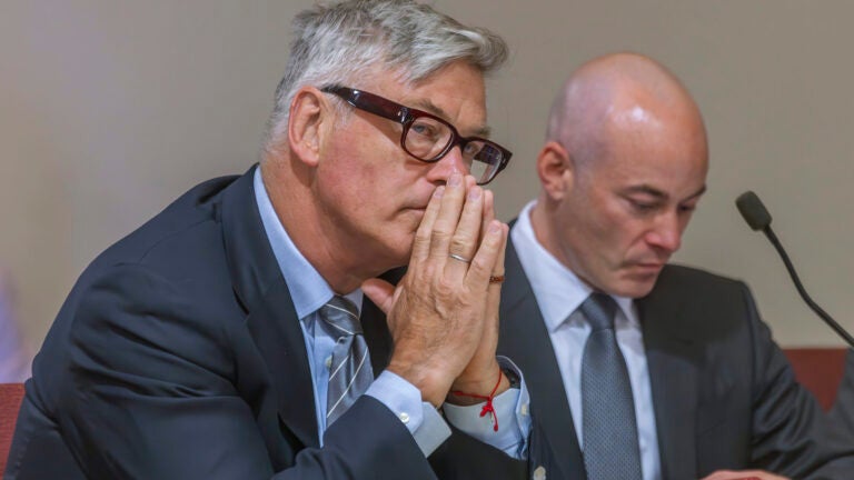 Actor Alec Baldwin, left, sits with his lawyer Luke Nikas, in District Court in Santa Fe, N.M., Monday, July 8, 2024, during a preliminary hearing in his involuntary manslaughter trial over a fatal shooting on the set of the film, "Rust."