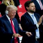 Republican presidential candidate former President Donald Trump and Republican vice presidential candidate Sen. JD Vance, R-Ohio, are seen during the Republican National Convention Monday, July 15, 2024, in Milwaukee.