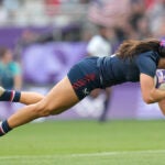 United States' Alex Sedrick scores the winning try during the women's bronze medal Rugby Sevens match between the United States and Australia at the 2024 Summer Olympics.