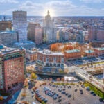 Aerial Providence Rhode Island during sunset