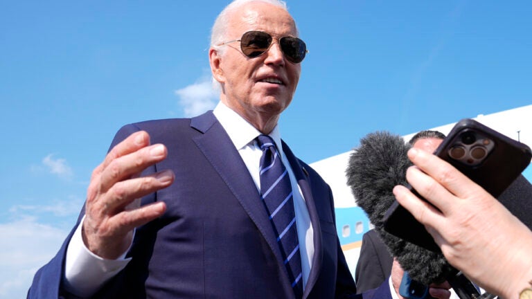 President Joe Biden speaks with reporters at Andrews Air Force Base, Md., Monday, July 15, 2024. as he heads to Las Vegas.