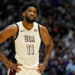 United States' center Joel Embiid reacts during an exhibition basketball game between the United States and Germany at the O2 Arena in London.