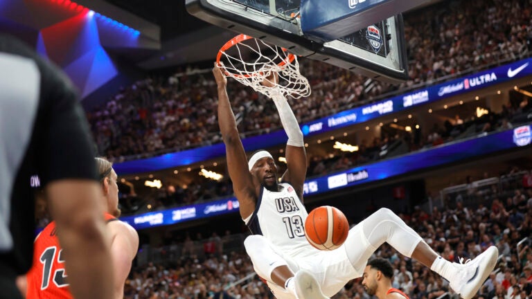 United States center Bam Adebayo dunks during the first half of an exhibition basketball game against Canada.