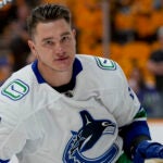 Vancouver Canucks defenseman Nikita Zadorov (91) warms up before the start of Game 3 in an NHL hockey Stanley Cup first-round playoff series against the Nashville Predators, Friday, April 26, 2024, in Nashville, Tenn.