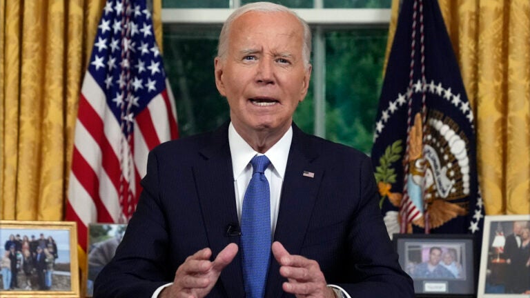 President Joe Biden addresses the nation from the Oval Office of the White House in Washington, Wednesday, July 24, 2024.