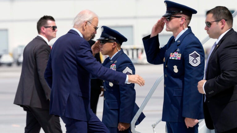 President Joe Biden walks up the steps of Air Force One at Harry Reid International Airport in Las Vegas, Wednesday, July 17, 2024.