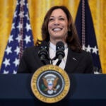 FILE - Vice President Kamala Harris speaks in the East Room of the White House, March 18, 2024, in Washington.