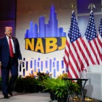 Republican presidential candidate former President Donald Trump walks on stage at the National Association of Black Journalists, NABJ, convention, Wednesday, July 31, 2024, in Chicago.