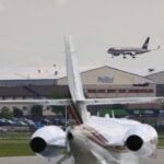 Former US president and Republican presidential candidate Donald Trump's plane lands at Milwaukee Mitchell International Airport, Wisconsin.