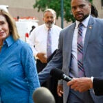 Rep. Nancy Pelosi, D-Calif., the speaker emerita, left, arrives at the Democratic National Headquarters with other Democratic members of the House of Representatives to discuss the future of President Biden running for the presidency, Tuesday, July 9, 2024 in Washington.