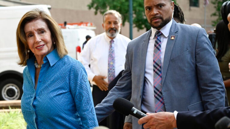 Rep. Nancy Pelosi, D-Calif., the speaker emerita, left, arrives at the Democratic National Headquarters with other Democratic members of the House of Representatives to discuss the future of President Biden running for the presidency, Tuesday, July 9, 2024 in Washington.