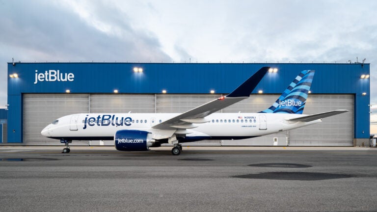 The exterior of JetBlue's new Airbus A220 aircraft.