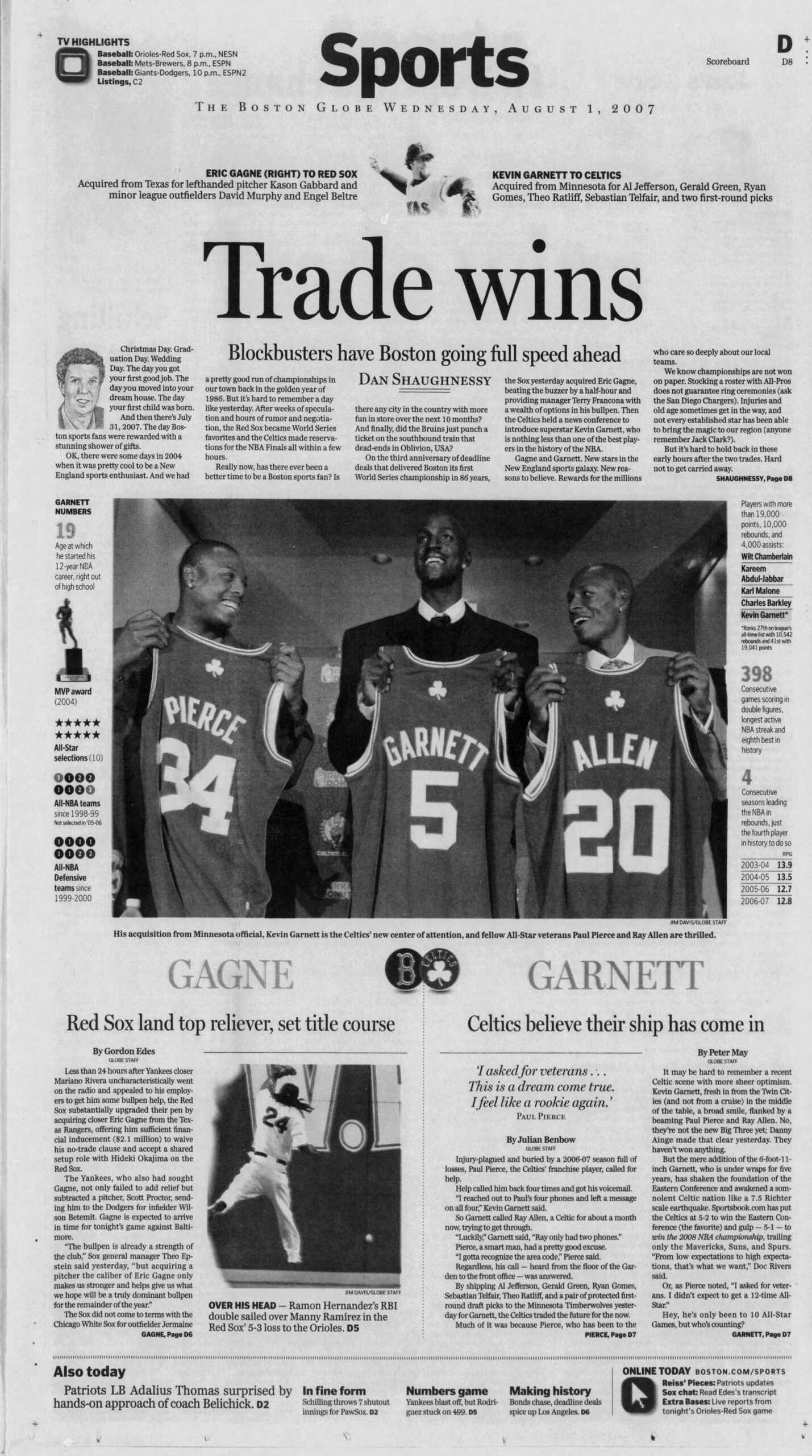 Kevin Garnett Celtics trade 2007 Boston Globe Sports