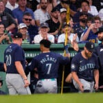 Seattle's Jorge Polanco celebrates after his solo home run during the fourth inning against the Red Sox.