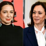 Maya Rudolph appears at the Time100 Gala in New York on April 25, 2024, left, and Vice President Kamala Harris appears at a luncheon for Japanese Prime Minister Fumio Kishida at the State Department in Washington on April 11, 2024.