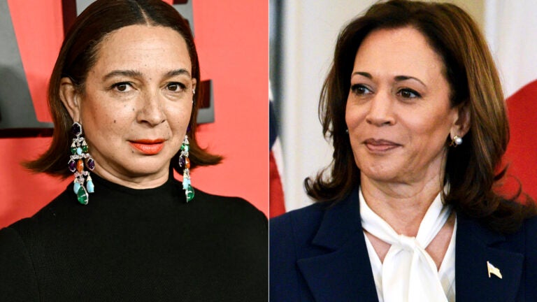 Maya Rudolph appears at the Time100 Gala in New York on April 25, 2024, left, and Vice President Kamala Harris appears at a luncheon for Japanese Prime Minister Fumio Kishida at the State Department in Washington on April 11, 2024.