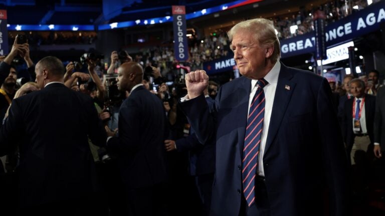 Republican presidential candidate, former U.S. President Donald Trump arrives on the third day of the Republican National Convention at the Fiserv Forum on July 17, 2024 in Milwaukee, Wisconsin.
