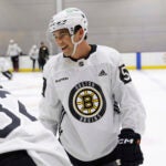 Boston Bruins’ Matt Poitras (51) participates in the first day of the Boston Bruins development camp at the Warrior Ice Arena on Monday.