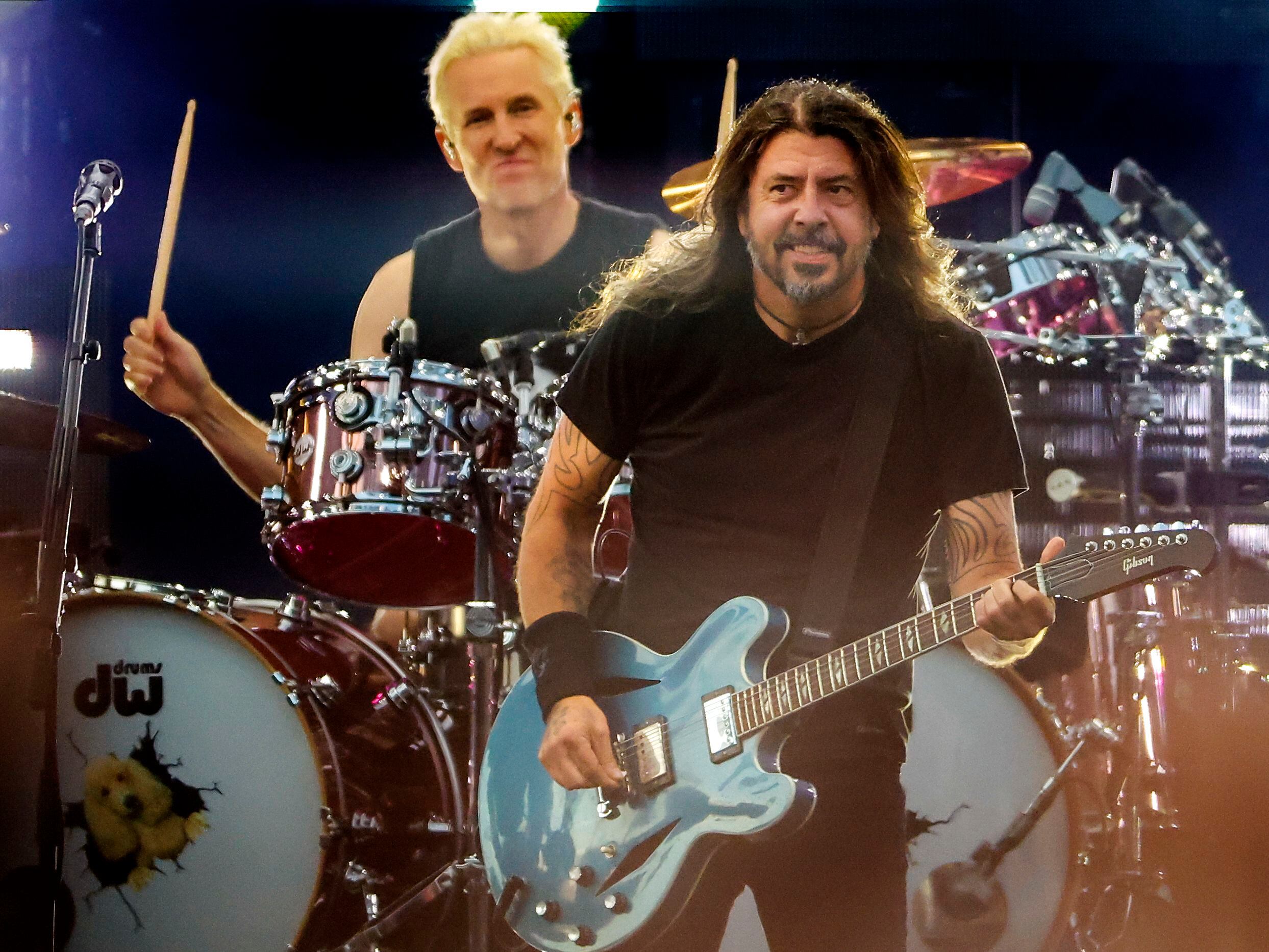 Dave Grohl, lead singer, and Josh Freese on drums as the Foo Fighters performed at Fenway Park on Sunday.