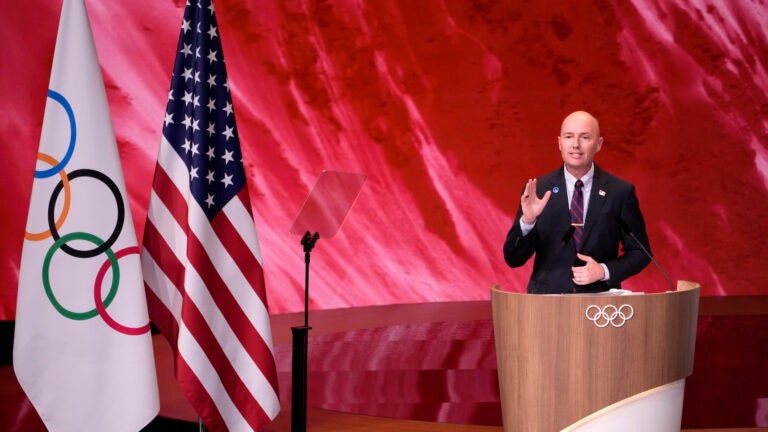 Utah Gov.  Spencer Cox speaks about Salt Lake City's bid to host the 2034 Winter Olympics, during the 142nd IOC session at the 2024 Summer Olympics.