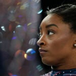 Simone Biles of the United States prepares to practice during a gymnastics training session at Bercy Arena at the 2024 Summer Olympics.