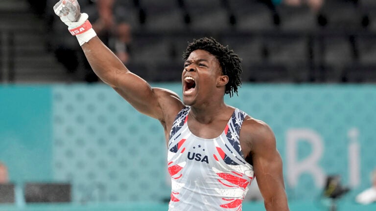 Fred Richard, of the United States, reacts after performing on the rings during the men's artistic gymnastics team finals round at Bercy Arena at the 2024 Summer Olympics.