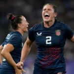 United States' Ilona Maher celebrates after winning their women's quarterfinal Rugby Sevens match between Great Britain and the United States at the 2024 Summer Olympics.