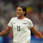 United States' Sophia Smith celebrates after scoring her side's first goal, during the women's Group B soccer match between the United States and Germany at the Velodrome stadium, during the 2024 Summer Olympics.