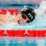 Katie Ledecky, of the United States, competes in the women's 1500-meter freestyle final at the 2024 Summer Olympics.