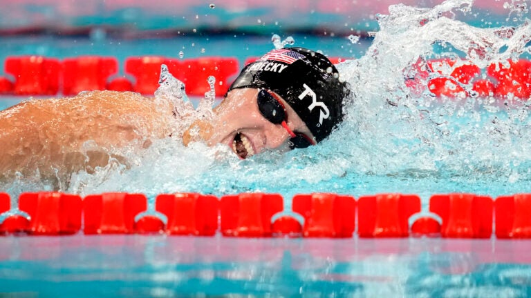 Katie Ledecky, of the United States, competes in the women's 1500-meter freestyle final at the 2024 Summer Olympics.