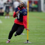 New England Patriots linebacker Matthew Judon (9) runs during an NFL football training camp, Thursday, July 25, 2024, in Foxborough, Mass.