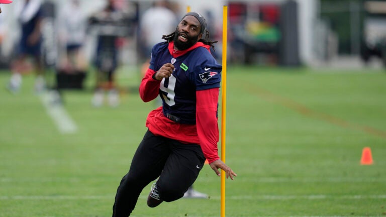 New England Patriots linebacker Matthew Judon (9) runs during an NFL football training camp, Thursday, July 25, 2024, in Foxborough, Mass.
