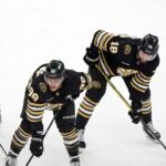 Boston Bruins' Mason Lohrei (6), David Pastrnak (88) and Pavel Zacha (18) play against the Pittsburgh Penguins during the third period of an NHL hockey game, Saturday, March 9, 2024, in Boston.