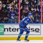 Vancouver Canucks' Nikita Zadorov celebrates his goal against the Nashville Predators during the third period in Game 5 of an NHL hockey Stanley Cup first-round playoff series, in Vancouver, British Columbia, on Tuesday, April 30, 2024.