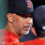 Boston Red Sox manager Alex Cora in the dugout during the sixth inning of a game against the Kansas City Royals, Friday, July 12, 2024, in Boston.