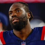 New England Patriots linebacker Matthew Judon (9) reacts during the first half of an NFL pre-season football game against the Houston Texans, Thursday, Aug. 10, 2023, in Foxborough, Mass.
