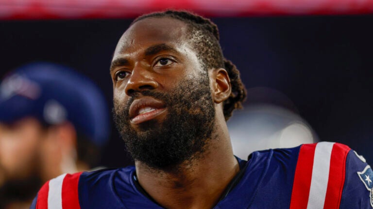 New England Patriots linebacker Matthew Judon (9) reacts during the first half of an NFL pre-season football game against the Houston Texans, Thursday, Aug. 10, 2023, in Foxborough, Mass.