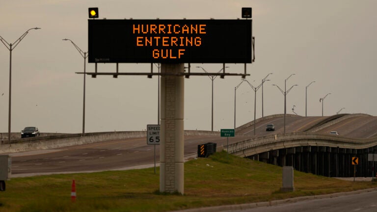 A sign notifies motorists to prepare for Hurricane Beryl, Sunday, July 7, 2024, in Portland, Texas.