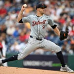 Detroit Tigers starting pitcher Jack Flaherty delivers during the first inning of a baseball game against the Cleveland Guardians.