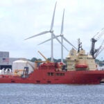 The Dino Chouest, an offshore supply ship, is docked at the Port of Providence, Wednesday, July 10, 2024, in Providence, R.I. The vessel is to be part of an expedition by Georgia-based firm RMS Titanic, Inc., to the wreckage of the RMS Titanic, the British ocean liner that sank in April of 1912.