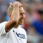 United States coach Gregg Berhalter reacts during the first half of a Copa America Group C soccer match against Uruguay.
