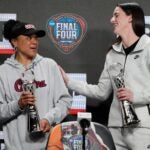 South Carolina head coach Dawn Staley (left) is part of the Olympic team selection committee, which left Caitlin Clark (right) off the roster.