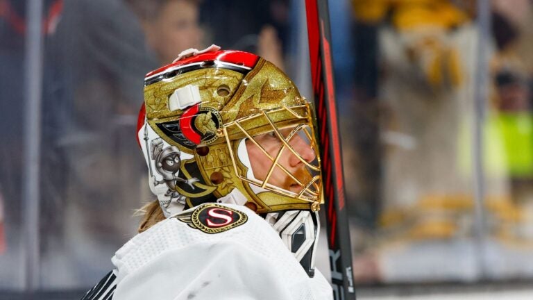 BOSTON, MASSACHUSETTS - APRIL 16: Joonas Korpisalo #70 of the Ottawa Senators warms up prior to a game against the Boston Bruins at the TD Garden on April 16, 2024 in Boston, Massachusetts.